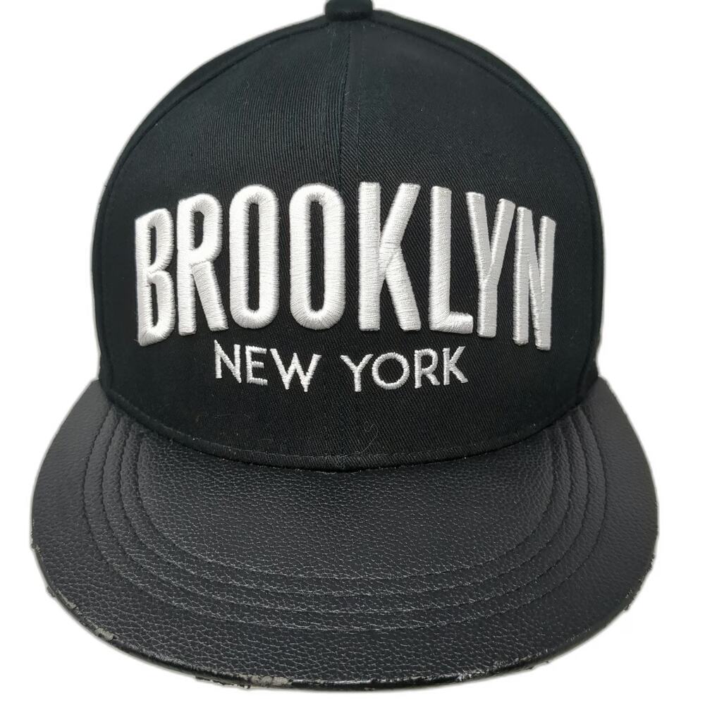 rue 21 Snapback Hat Black One Size Brooklyn New York Faux Leather Flat Brim